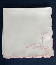 Vintage Madeira Linen Embroidered Pink Leaves Scalloped Trim White Linen Napkins picture
