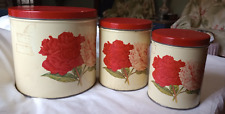 Metal Vintage Canisters With Red & Pink Roses, Red Lids, Set of 3 picture