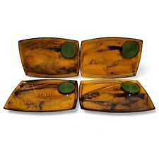 4 Vintage Canape Snack Trays Amber Marble Swirl Lucite w/ Raffia Coaster MCM picture