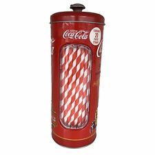 Coca-Cola Round Tin Straw Holder & Dispenser With Straws Retro picture