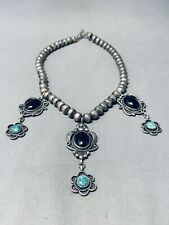 AMAZING VINTAGE NAVAJO BLACK ONYX & TURQUOISE STERLING SILVER NECKLACE picture