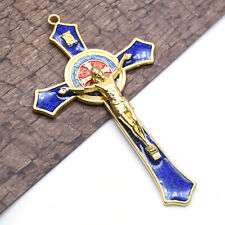 Vintage Metal Hand Hold Cross Crucifix Jesus Holy Religious Carved Christ Blue picture