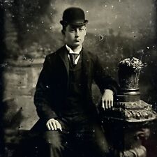Antique Tintype Studio Photograph Handsome Dapper Young Man Bowler Hat picture