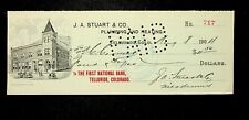 1904 J.A. Stuart & Co. Plumbing & Heating, Telluride CO Colorado Bank Check picture