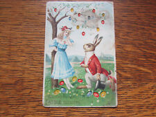 RARE Antique HTL Anthropomorphic Germany Easter * RABBIT with LADY *PC1909 picture