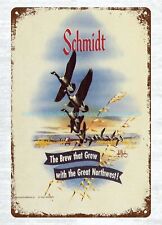 1950s Schmidt Beer Brew that grew with great Northwest flying geese metal tin picture