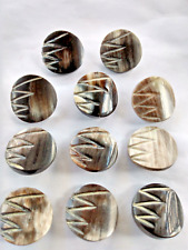 7 UNUSUAL VINTAGE BRN36 7/8 inch  CARVED INCISED HORN SHANK BUTTONS picture