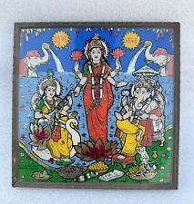 Vintage Old Beautiful Reverse Art Work Glass Painting Hindu Deity Laxmi Ganesha picture