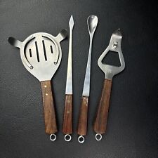 4 Vintage Bar Utensils Set MCM Japan Stainless Steel Wood Handles Barware picture