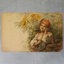 Sunflower Russian Girl. Tsarist Russia Red Cross postcard 1903s artist VRANGEL🌻 picture