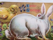 C 1913 Easter Greetings Large Bunny Rabbit Yellow Chick Embossed Gold Postcard  picture