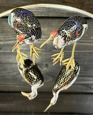 Vintage Cloisonné Crane Figurines Black With Gold Blue Green Red 2.5” Set Of Two picture