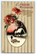 1913 Christmas Poinsettia Flowers Sheep Winter Scene Worcester MA Tucks Postcard picture