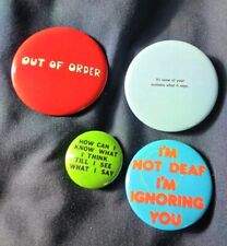 Vintage Pins Lot of 4: Funny Novelty Pin Back Buttons Quotes 1980s Junk Drawer picture