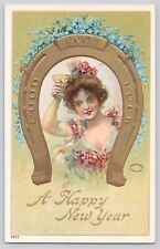 Postcard New Year Good Luck Horseshoe Woman Champagne Flowers Embossed 1908 Bien picture