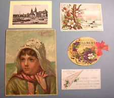 Lot of 5, Victorian Tade Cards, Alden Vinegar, Millinery, Yeast, Coffee, Printer picture