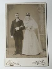 1880s WEDDING COUPLE Antique Cabinet Card Photo BROCKTON MASSACHUSETTS picture
