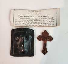 Catholic My Crucifix Pocket Cross In Leather Pouch w/ Paper Prayer Antique picture