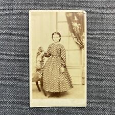 CDV Photo Antique Portrait Young Girl in Patterned Hoop Dress Standing by Chair picture