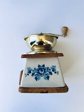 Vintage Cafe Coffee Grinder Hand Mill French Blue White Porcelain Brass Wood picture