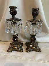 Pair Vtg brass cast Hollywood Regency  Crystal Candlesticks With Prisms Crystals picture