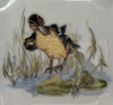 Vintage Enesco 1978 3.5” Square- Gold Trimmed Trinket Tray - Cute Duck And Frog picture