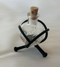 Antique 1920s  Small Glass Perfume Bottle In Wrought Iron Holder with Cork Top picture