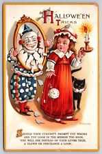 Halloween Postcard By A. Heinmuller Girl Clown through Mirror, Black Cat, Clock picture