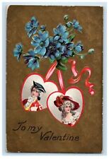 1909 Valentine Flowers With Flowers Colonial Girl Boy Embossed Antique Postcard picture