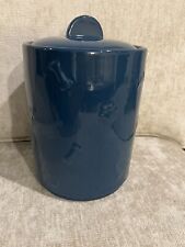 Dog Treat Canister Jar Navy Blue. Embossed with Bones and Paws. Heavy Stoneware picture
