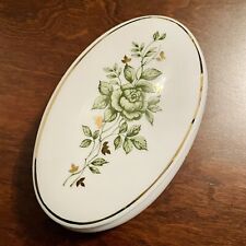 Vintage Hollohaza Porcelain Lidded Oval Trinket Box Dish 6” Green Rose Gold picture