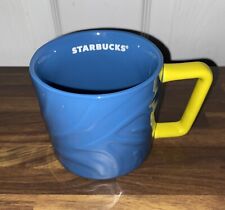 Starbucks 2021 Blue Ceramic Embossed Coffee Tea Mug With Yellow Handle 12 oz picture