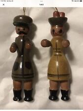 Lot of 2 Vintage Painted Wooden Christmas Ornaments Man/Woman Couple picture