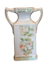 Vintage MCM Bud Vase Urn Style Dual Handle Floral Ceramic White w/Pink Flowers picture