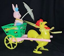 VINTAGE ROSBRO PLASTIC EASTER TOY - ROOSTER PULLING ‘EASTER EXPRESS’ & BUNNY picture