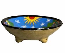 Vtg. Mexican Folk Art Clay Pottery, Footed Salsa Bowl Hand Painted Party Scene picture