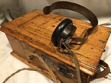 Antique Field Telephone Hand Crank  Lineman Tester Oak Cabinet & Headset picture