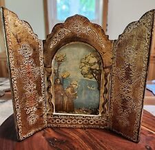 Vtg Religous Gold Gilded Wood Triptych St Francis Of Assisi picture