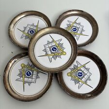 Vintage Masonic 5x Sheridan Silver Plated Coasters Porcelain Freemasons Brass picture