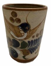VTG Mexican Tonala Sandstone Pottery Mug Enamel Blue Bird Mazatlan Signed 60s picture