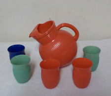 Hazel Atlas FINE RIB FIRED ON PRIMARY COLOR BALL PITCHER & 5 TUMBLERS EXCELLENT picture