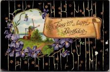 c1910s HAPPY BIRTHDAY Embossed Postcard Windmill Scene / Violet Flowers / BS picture