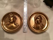 Vtg. Copper Jesus And Virgin Mary Hanging Wall Plaques picture