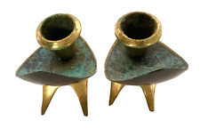 Pair Vintage Modernist Verdigris Brass Candle Holders, Oppenheim Israel 3-3/4' picture