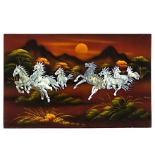 VTG Vietnamese Black Lacquer Mother of Pearl Inlay Running Horses Wall Art Panel picture