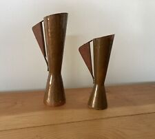 VTG  Pair Two Danish Modern MCM Small Copper Pitcher Vase Teak Handle 9” & 8” picture
