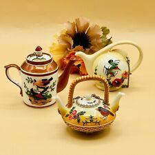 NINI Miniature Teapots 3-1/2” H Birds Hand Painted Vintage w/Boxes SET OF 3 * picture