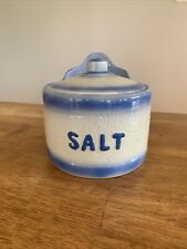 Primitive Antique Country Blue & White Stoneware Wall Hanging Salt Crock picture