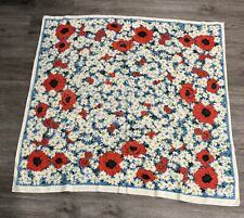 Vintage 1950’s LUTHER TRAVIS Daisy & Poppies Print Linen Tablecloth 48”x48” picture