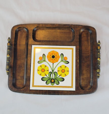 Vintage Flowers Wooden Serving Tray Ceramic Tile 70s Retro Platter Home Decor picture